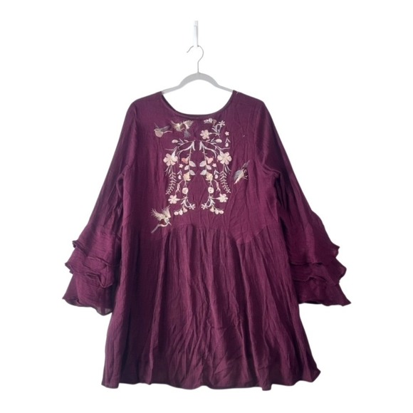 Umgee Burgundy Embroidered Ruffle-Sleeve Tunic Dress – Size Large - Picture 11 of 11